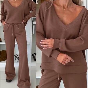 2 Piece Lounge Sets V Neck Sweatsuit Wide Leg Tracksuit